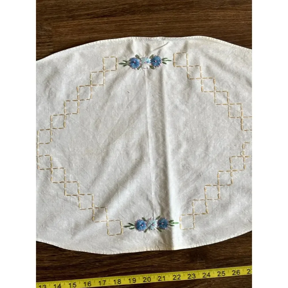 Antique Floral Embroidery Table Runner 16x39 White Cotton Rainbow Boho Scalloped